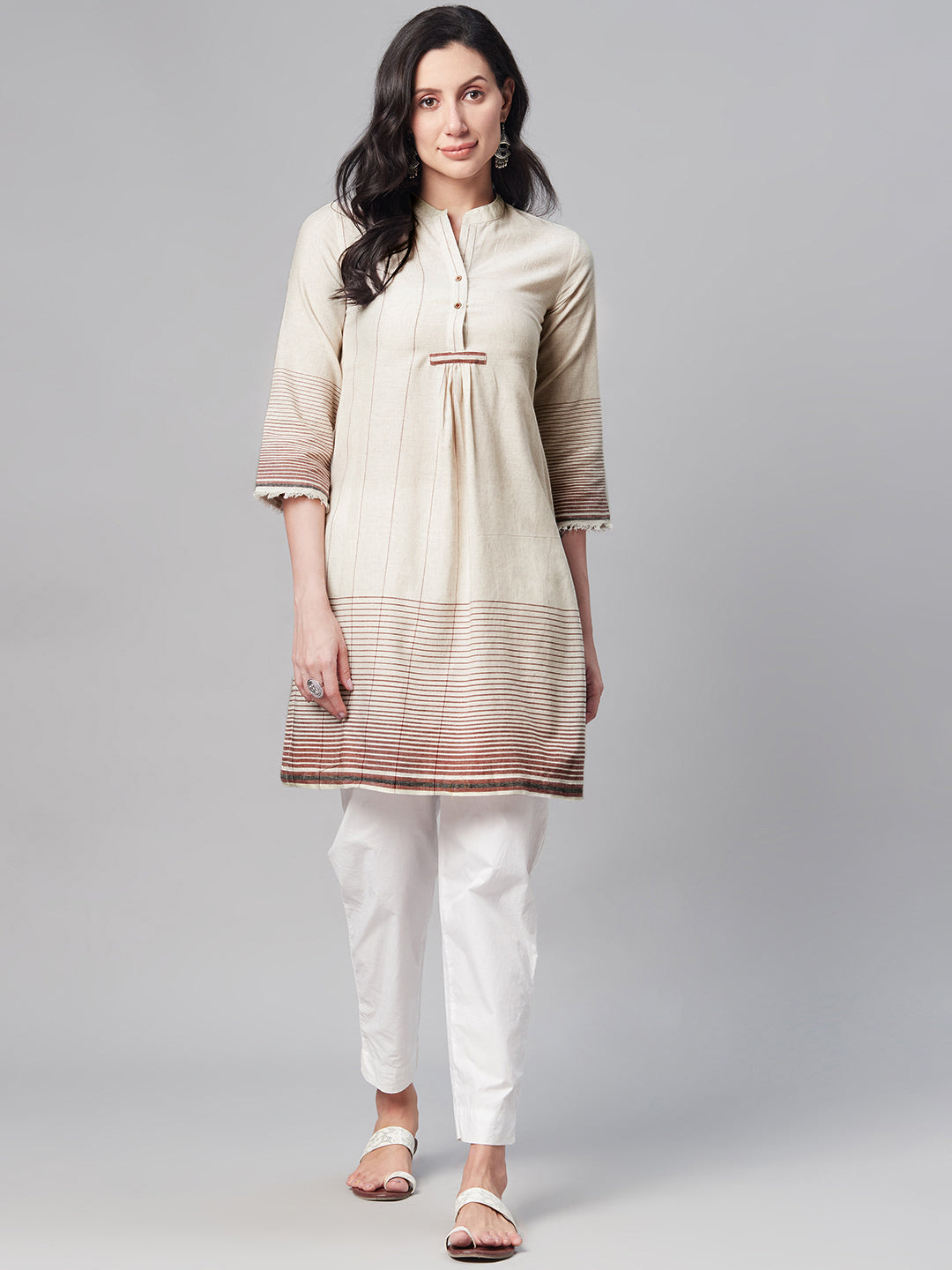 Biba Women Off White & Brown Pure Cotton Striped Kurta - Distacart
