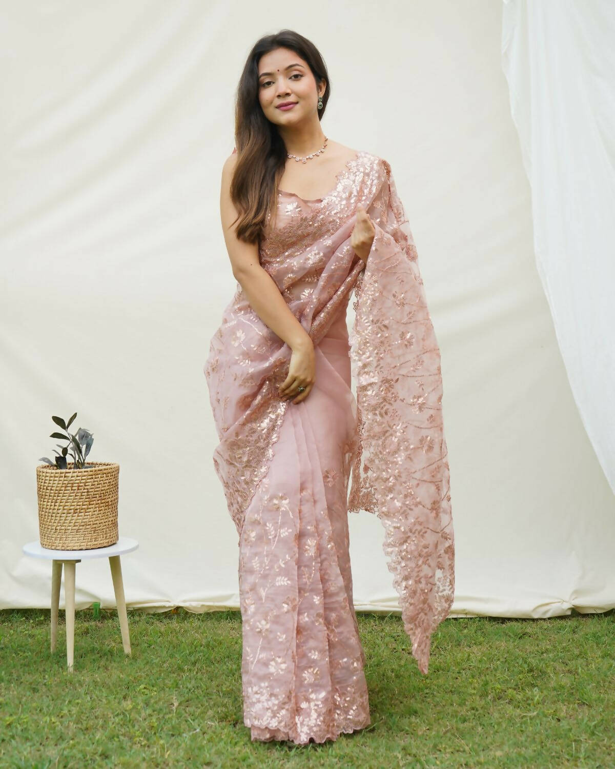 Vamsee Brown Organza Saree - Distacart