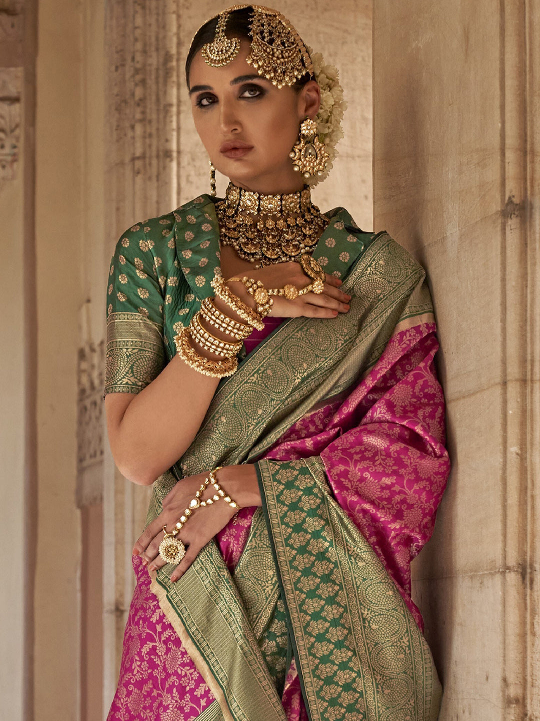 Mitera Pink & Green Floral Woven Design Zari Banarasi Saree - Distacart