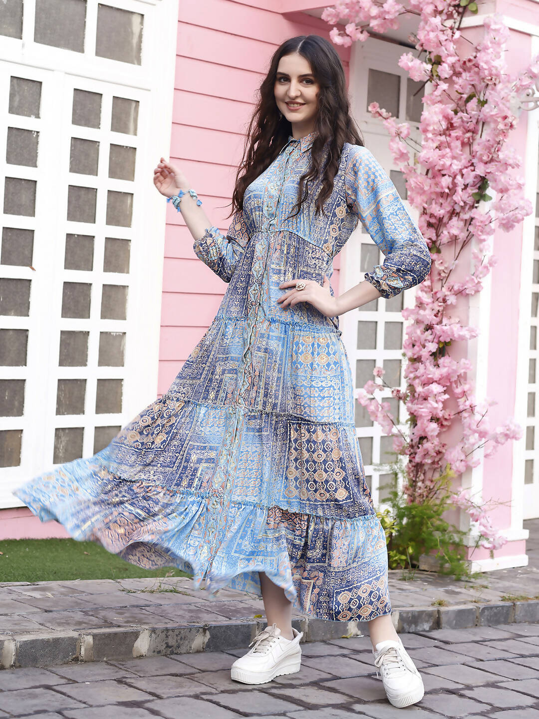 Light Blue Crepe Foil Printed Long Dress - Michan - Distacart