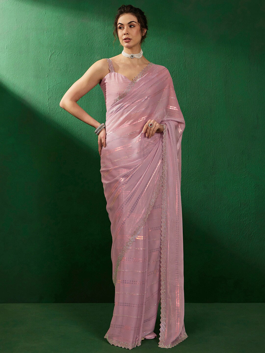 Sangria Striped Embellished Saree - Distacart