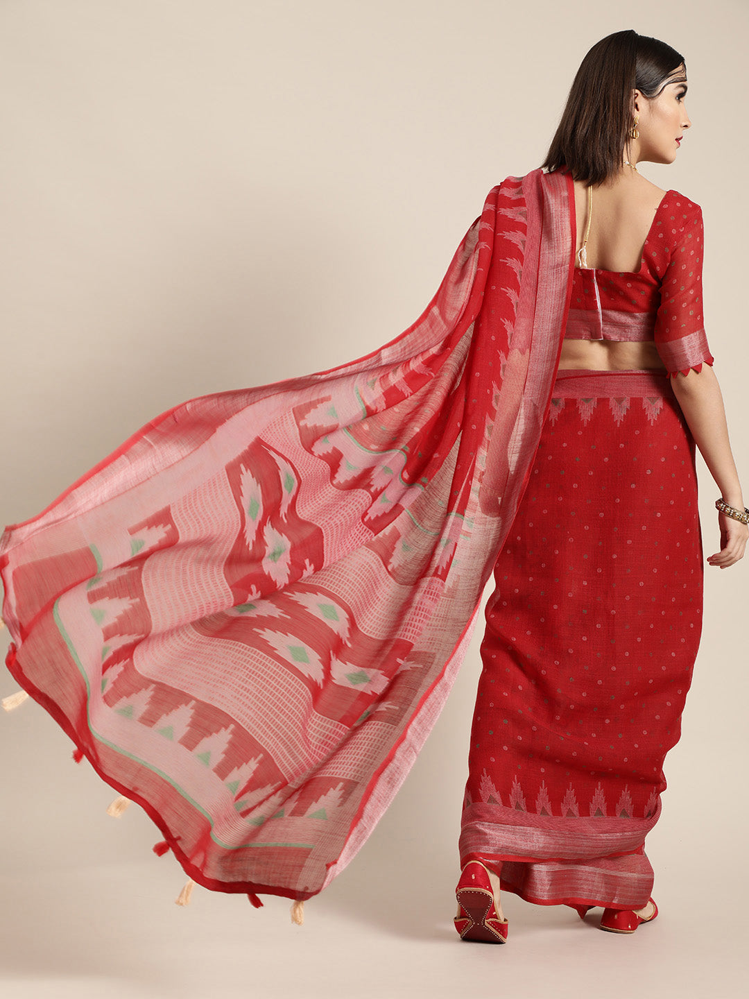 Saree Mall Saree Mall Blazing Red Linen Blend Saree - Distacart