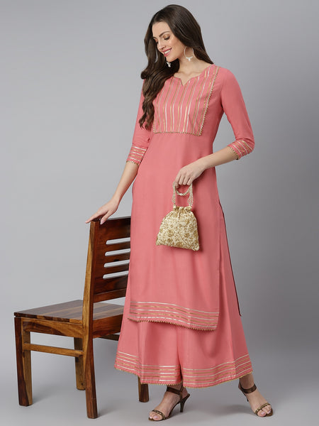 Khushal K Women Peach-Coloured Yoke Design Kurta with Palazzos - Distacart