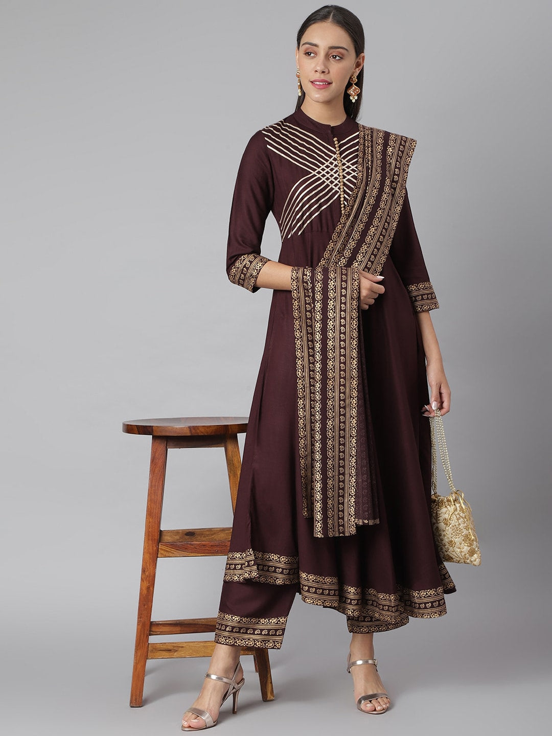 Khushal K Women Brown Floral Printed Kurta with Trousers & With Dupatta - Distacart