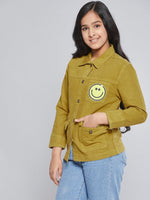 Thumbnail for Lyush Mustard SMILEY Patch Denim Jacket For Girls - Distacart