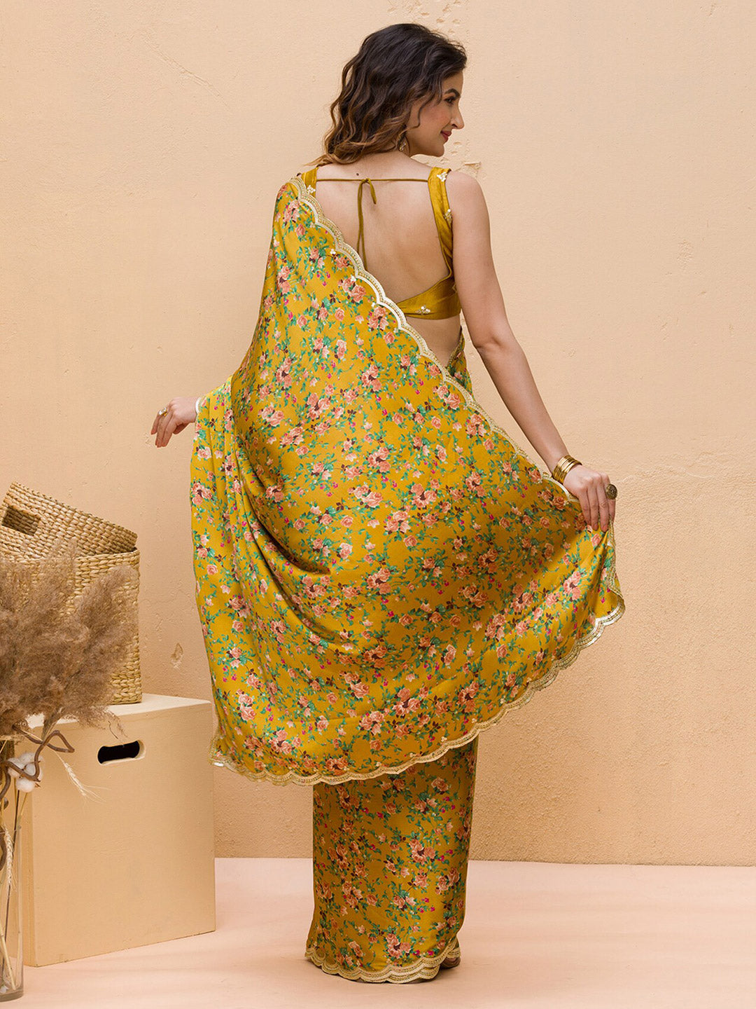 Koskii Floral Printed Gotta Patti Satin Saree - Distacart