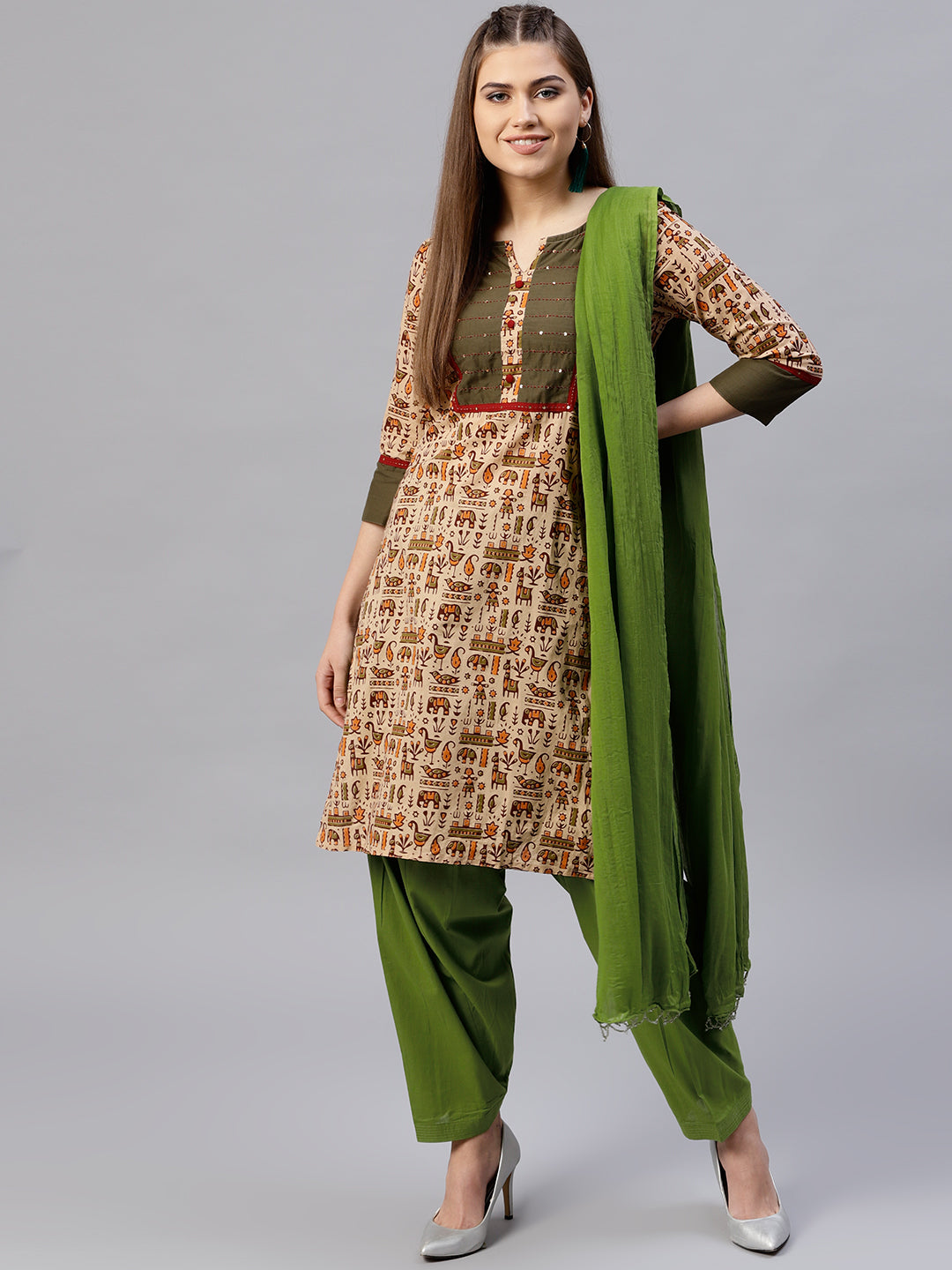 Jaipur Kurti Women Beige & Green Printed Kurta with Salwar & Dupatta - Distacart
