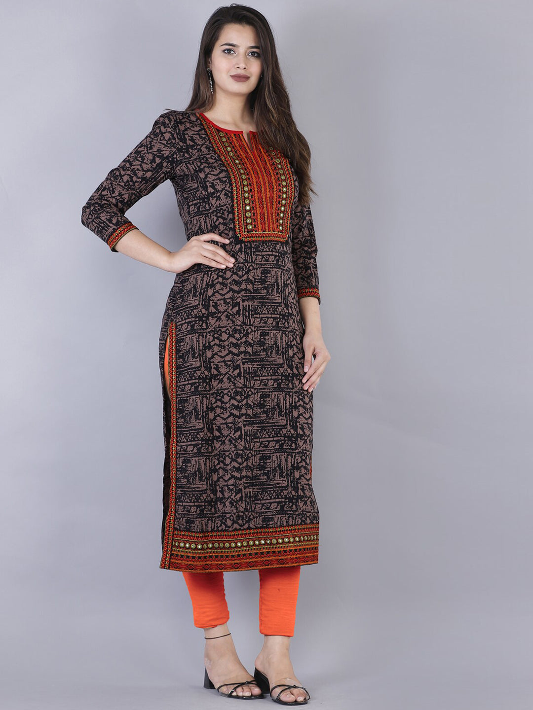 Kalini Women Brown Geometric Printed Flared Sleeves Thread Work Kurta - Distacart