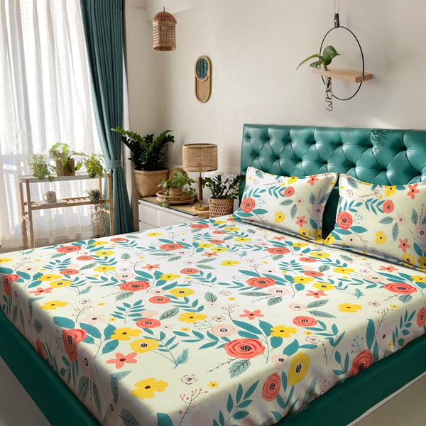 KLOTTHE White & Grey Floral Print 300 TC Fitted Double King Bedsheet With 2 Pillow Covers - Distacart