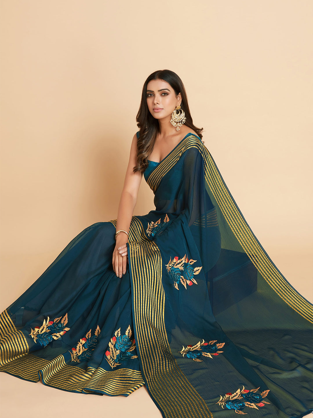 Sangria Green & Gold-Toned Embellished Pure Chiffon Saree - Distacart