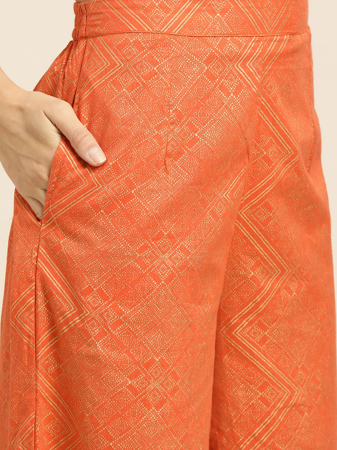 Sangria Women Orange and Golden Ethnic Printed Pure Cotton Kurta with Palazzos - Distacart