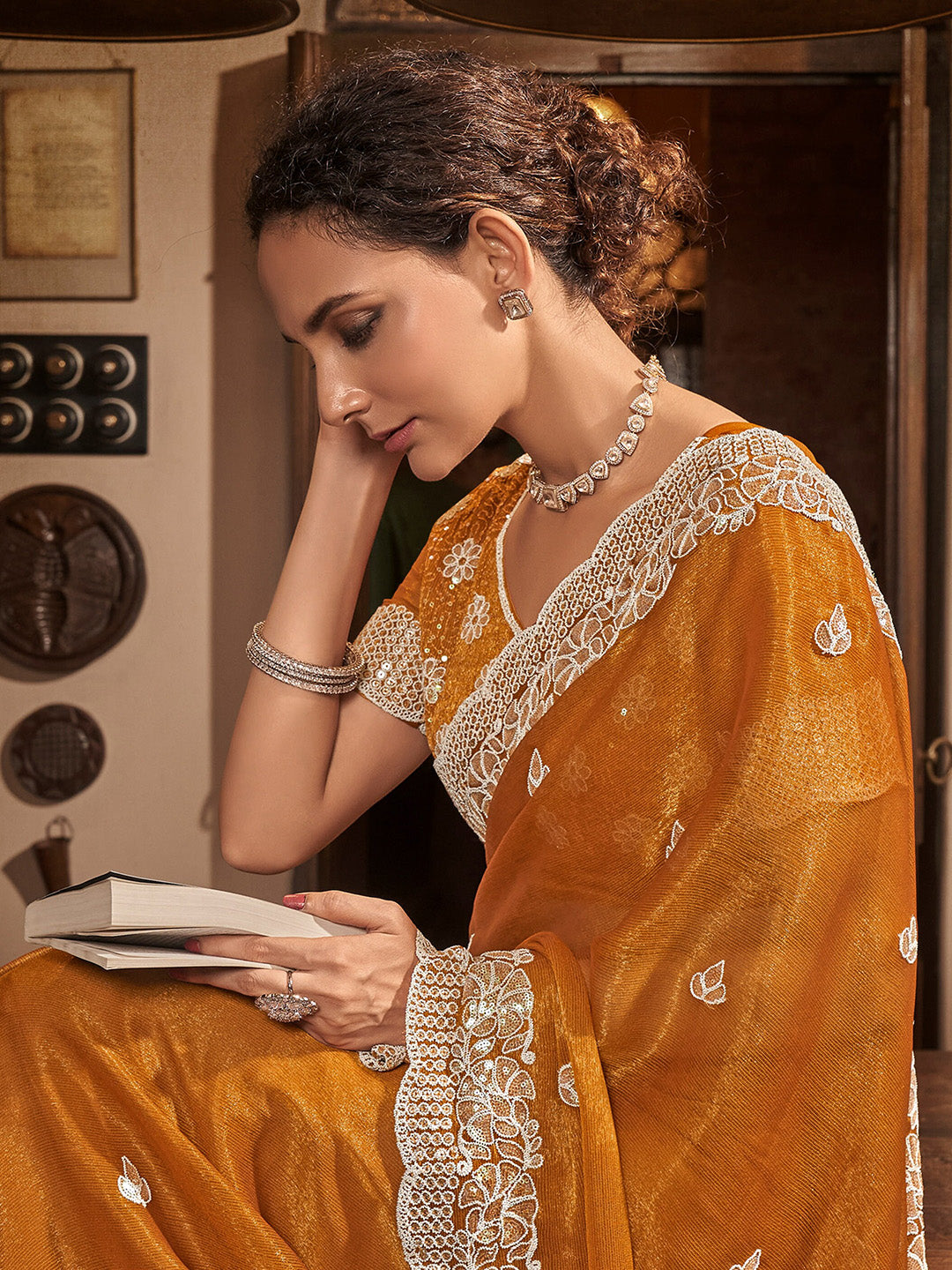 Mitera Mustard Yellow Floral Embroidered Sequinned Pure Chiffon Saree - Distacart