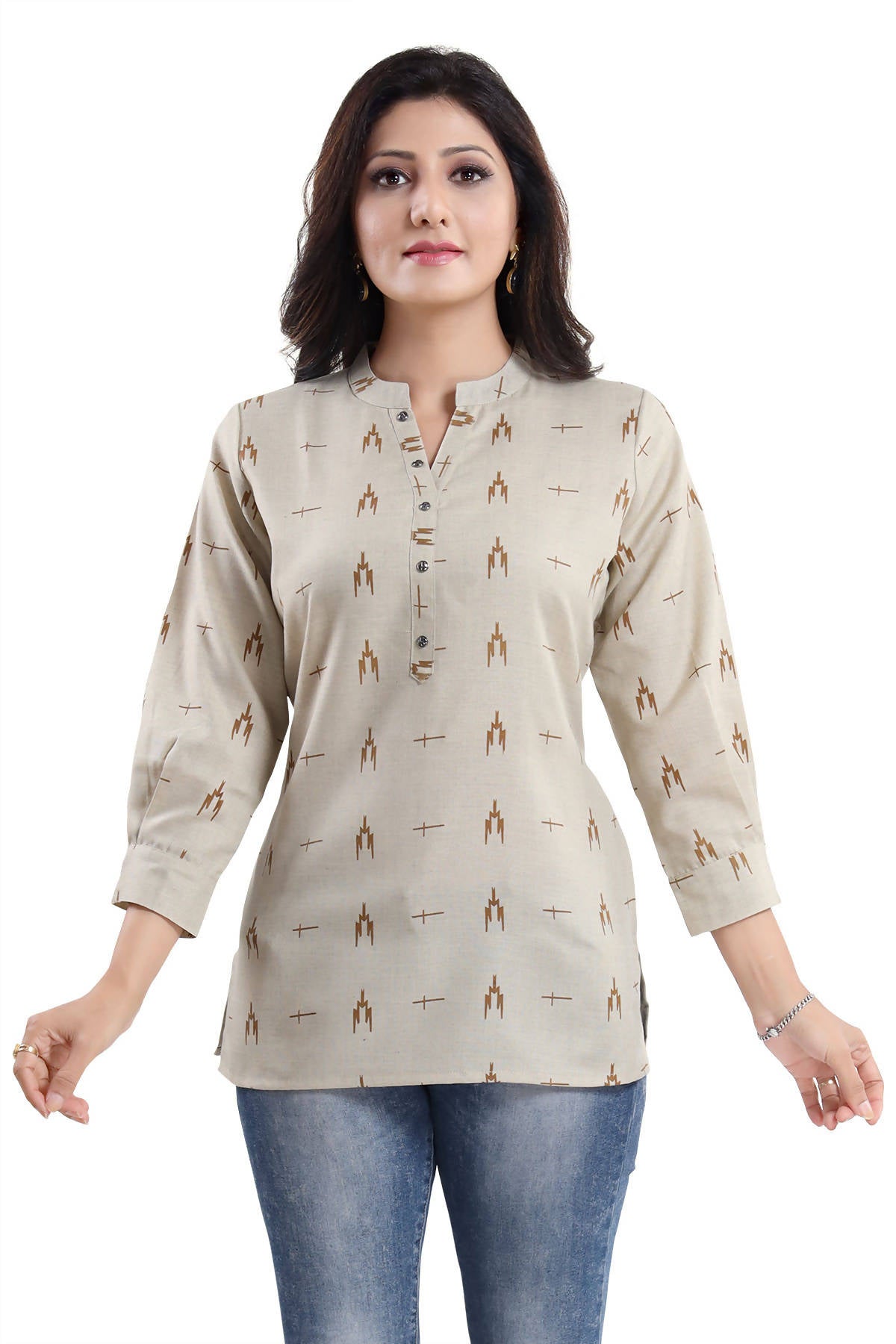 Snehal Creations Beige Cotton Blended Casual Short Tunic Top - Distacart
