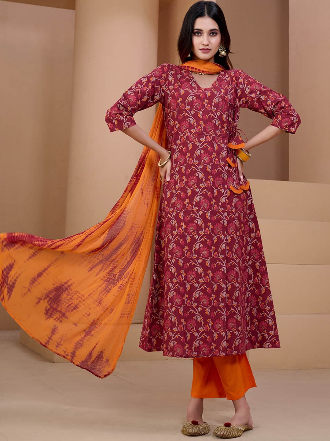 Sangria Maroon & Orange Printed V Neck Pure Cotton Angrakha Kurta With Trousers & Dupatta - Distacart