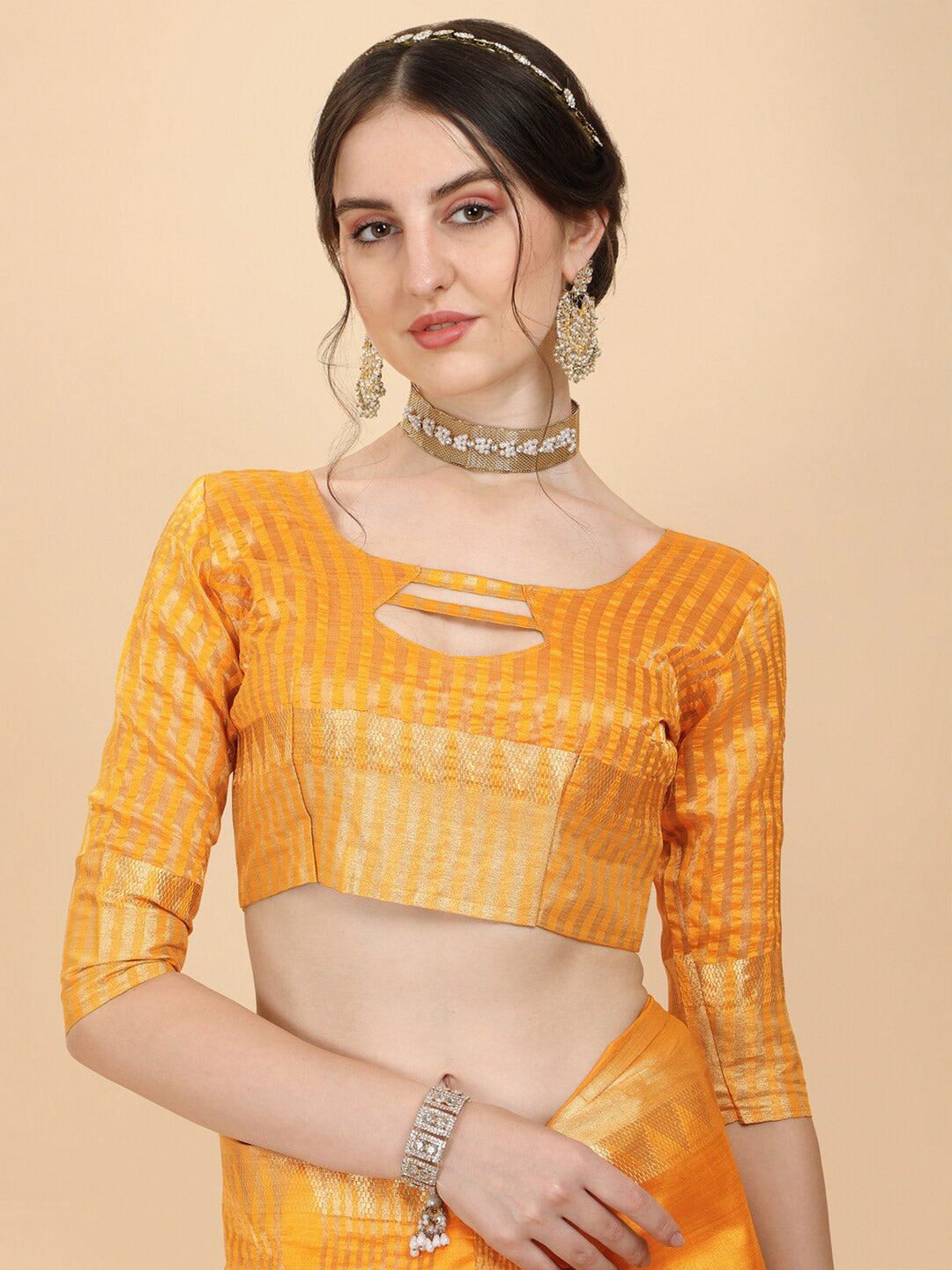 Kalini Mustard Woven Design Embellished Zari Silk Blend Banarasi Saree - Distacart