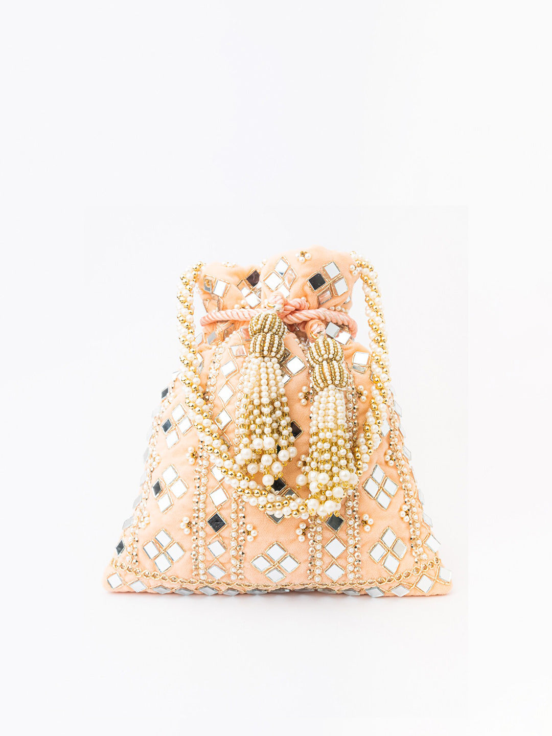 NR By Nidhi Rathi Peach-Coloured & White Embroidered Potli Clutch - Distacart