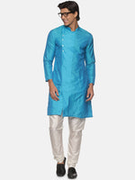 Thumbnail for Sethukrishna Men Turquoise Blue Angrakha Kurta with Trousers - Distacart