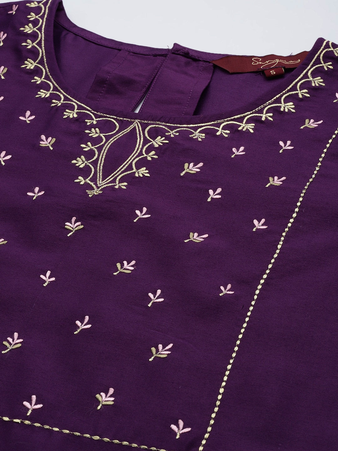 Sangria Women Purple Ethnic Motifs Embroidered Kurta with Trousers - Distacart