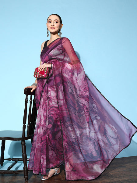 Tikhi Imli Purple & Grey Abstract Print Net Saree - Distacart