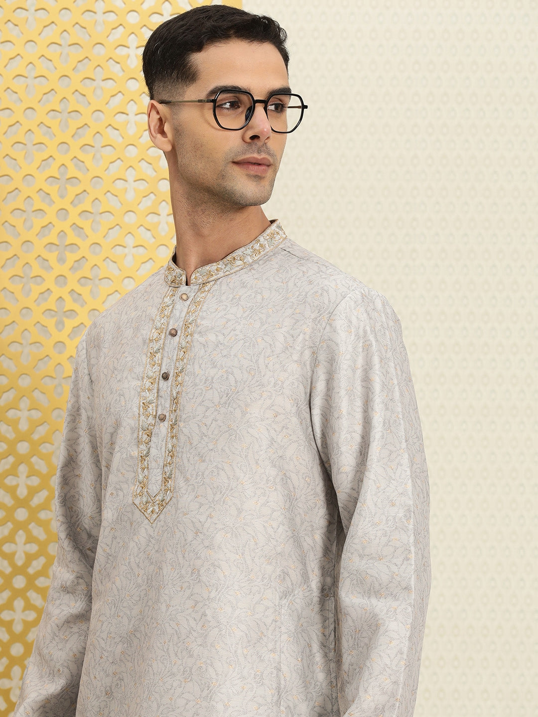 House of Pataudi Men Floral Printed Mandarin Collar Jashn Kurta - Distacart