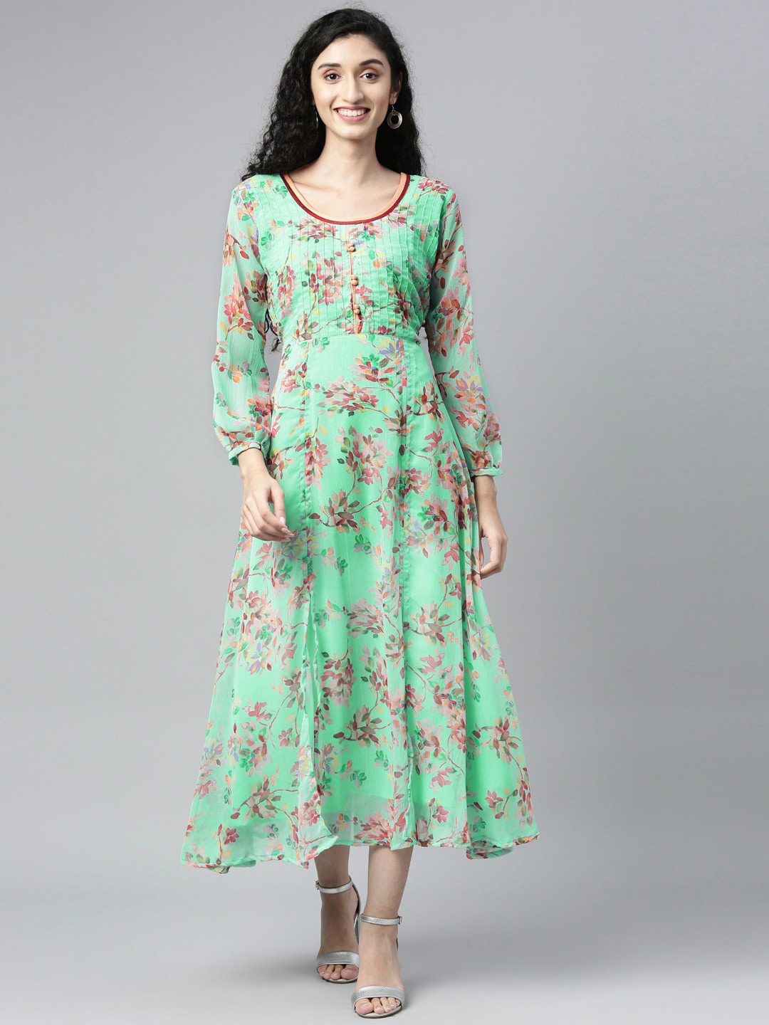 Souchii Sea Green Floral Chiffon Maxi Dress - Distacart