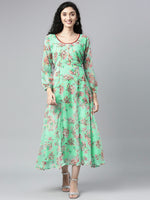 Thumbnail for Souchii Sea Green Floral Chiffon Maxi Dress - Distacart