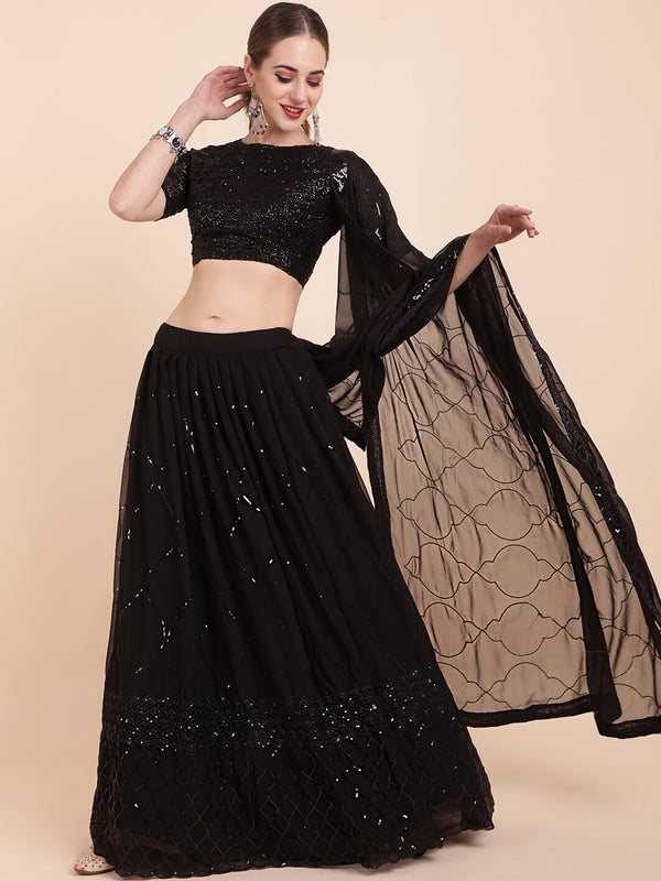 Sangria Black Embellished Sequinned Pure Georgette Lehenga Saree - Distacart