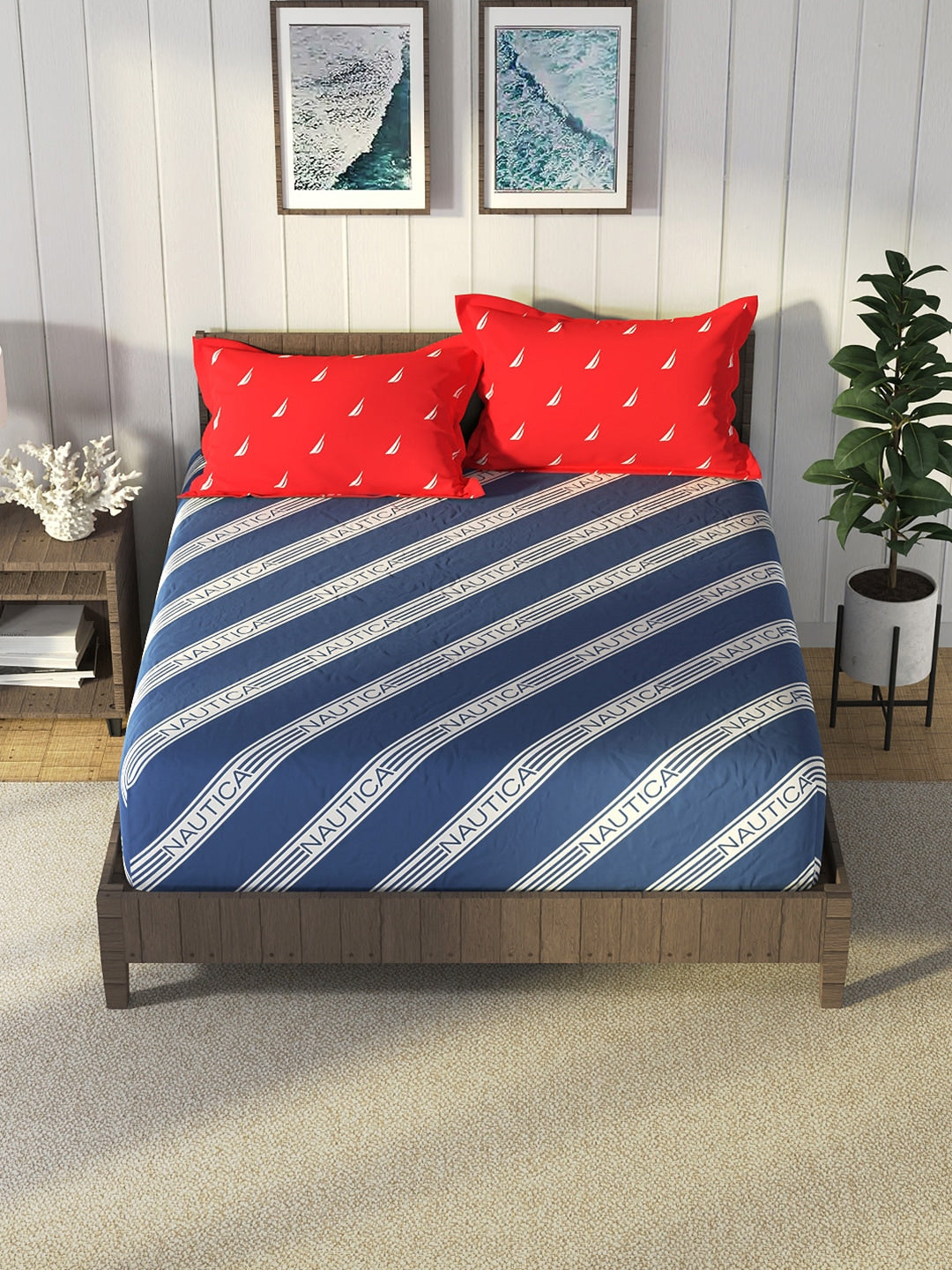 Nautica Blue & Red Striped Cotton 160 TC King Bedsheet With 2 Pillow Covers - Distacart
