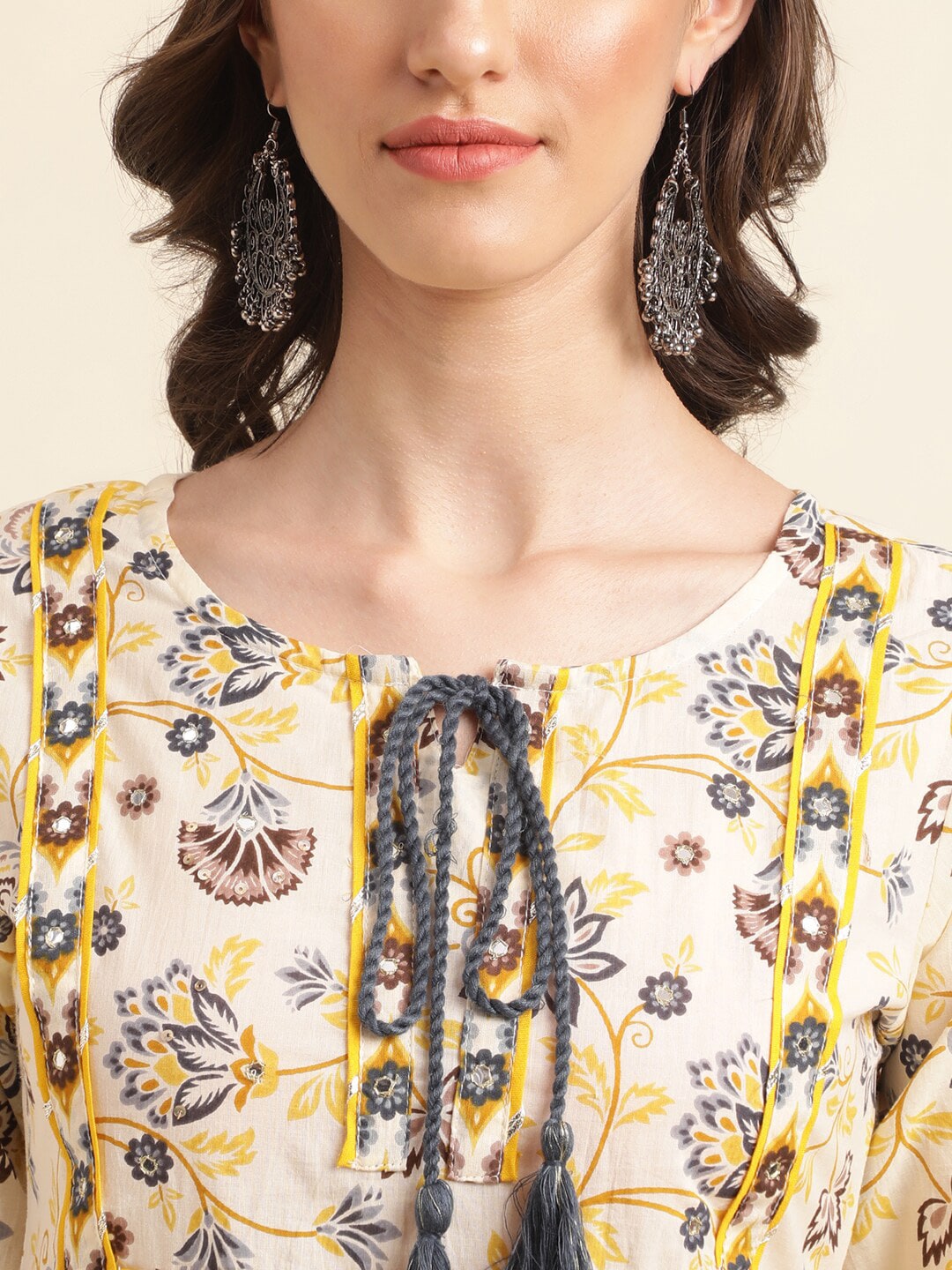 Sangria Beige Floral Printed Mirror Work Pure Cotton Kurta With Trousers & Dupatta - Distacart