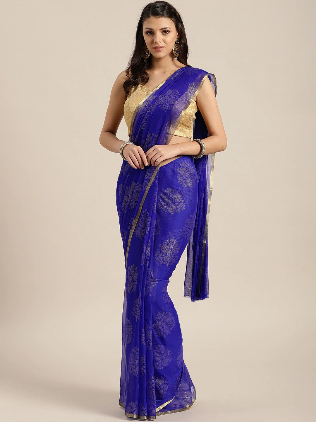 Saree Mall Blue & Gold-Toned Ethnic Motifs Sarees - Distacart