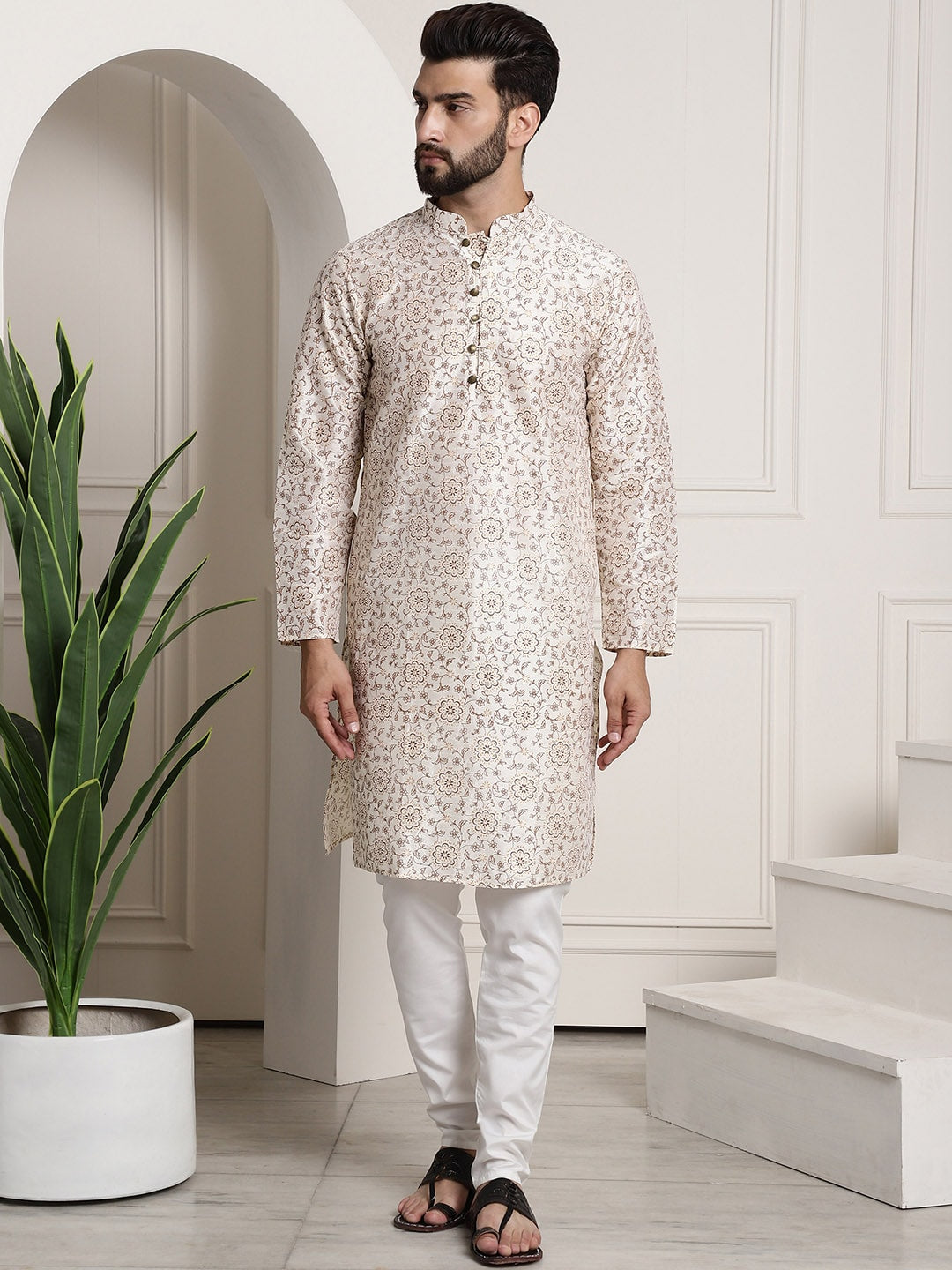 Sojanya Men Cream-Coloured & Brown Silk Cotton Printed Regular Kurta with Churidar - Distacart
