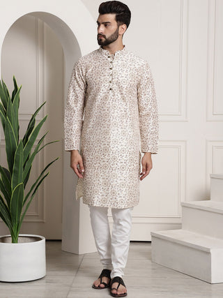 Sojanya Men Cream-Coloured & Brown Silk Cotton Printed Regular Kurta with Churidar - Distacart
