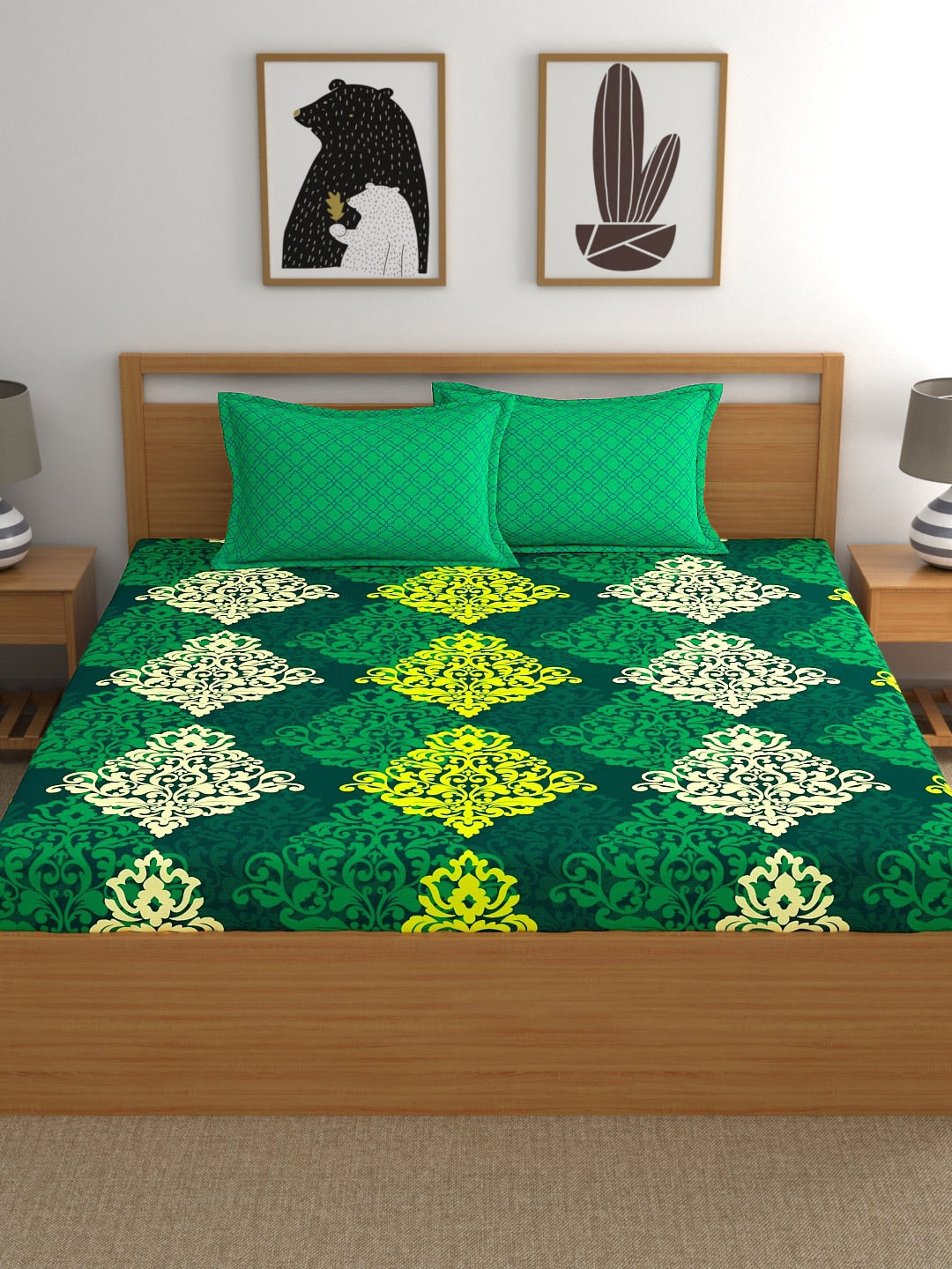 My Room Green & Yellow Ethnic Motifs 140 TC Super King Bedsheet with 2 Pillow Covers - Distacart