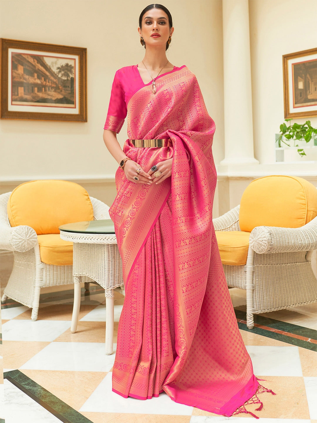Mitera Pink & Gold-Toned Ethnic Motifs Kanjeevaram Saree - Distacart