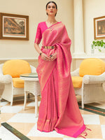 Thumbnail for Mitera Pink & Gold-Toned Ethnic Motifs Kanjeevaram Saree - Distacart