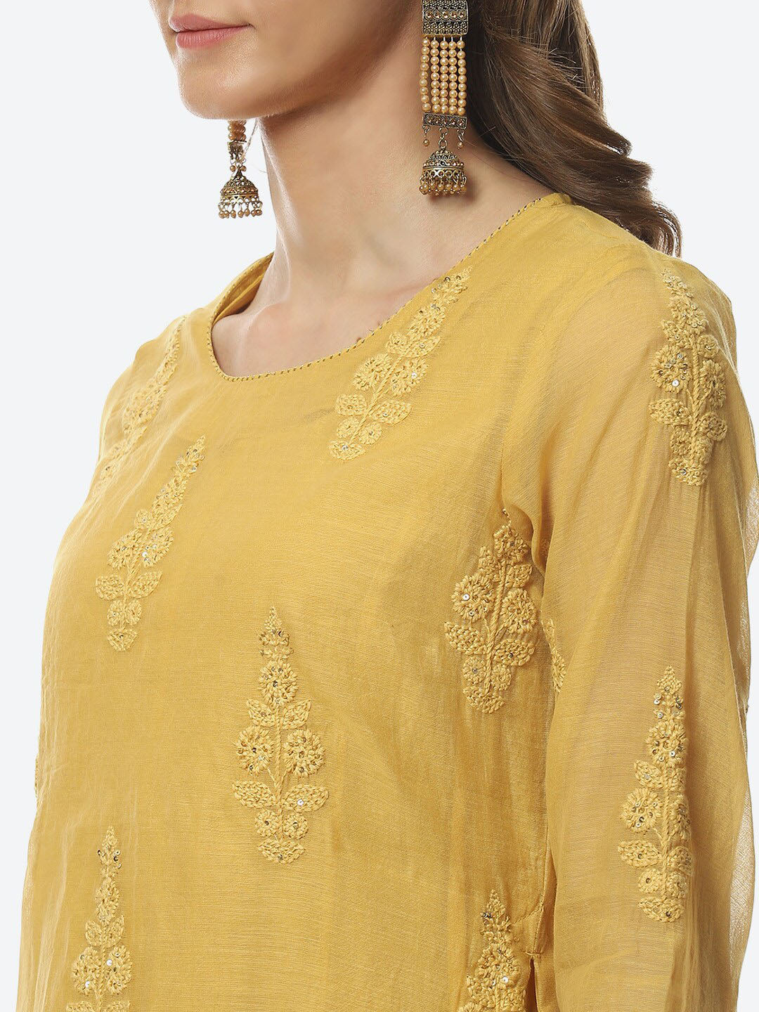 Biba Women Yellow Floral Embroidered Layered Kurta - Distacart