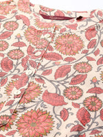 Thumbnail for Sangria Women Off White & Peach-Coloured Floral Print Straight Cotton Kurta with Trousers - Distacart