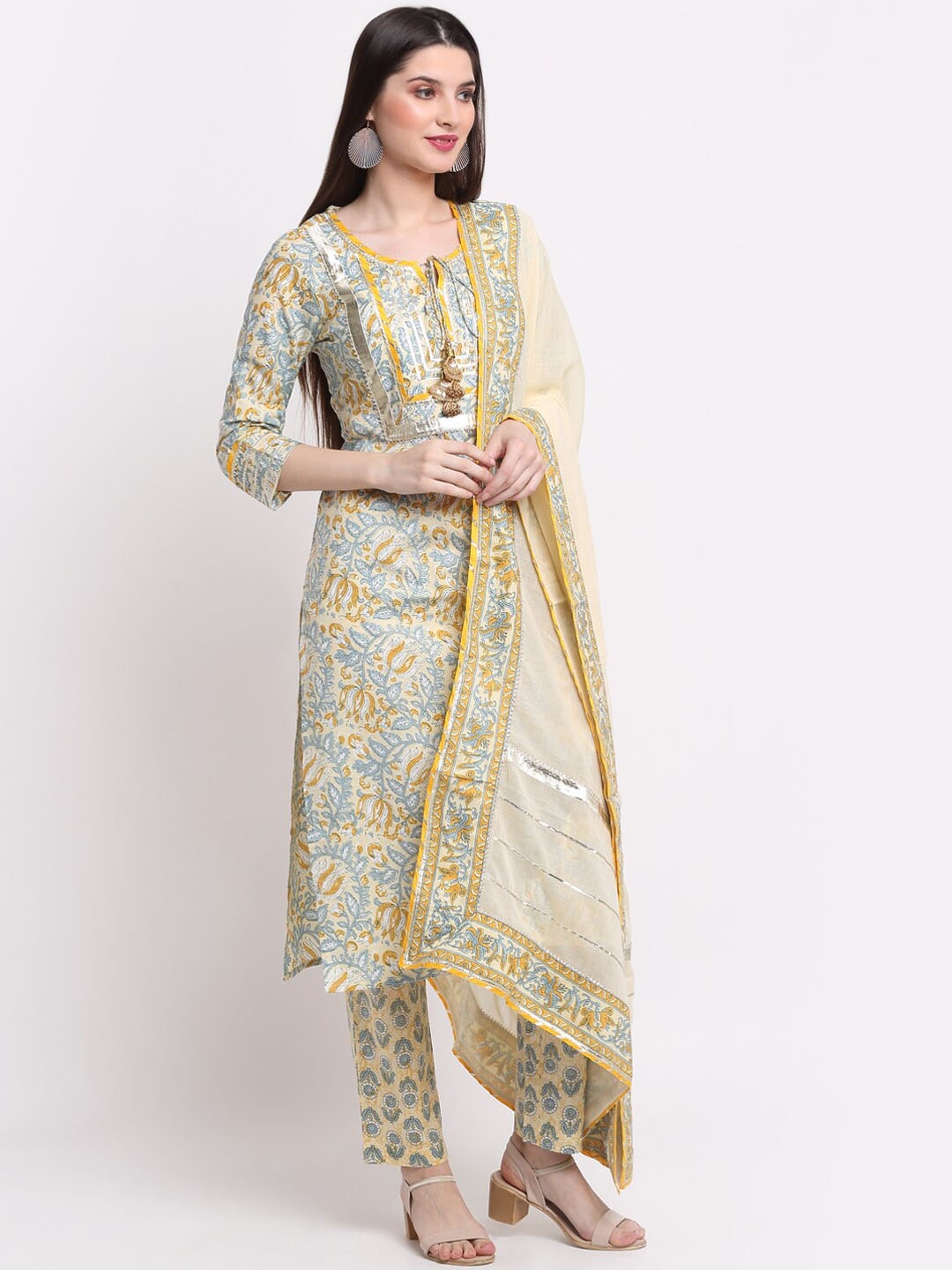 Kalini Women Yellow Ethnic Motifs Printed Pure Cotton Kurta with Trousers & With - Distacart