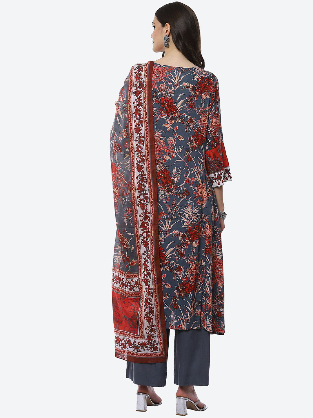 Biba Women Grey Floral Printed Kurta with Trousers & With Dupatta - Distacart