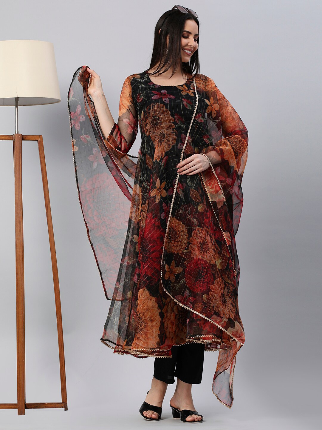 Kalini Floral Printed Anarkali Kurta with Trousers & With Dupatta - Distacart