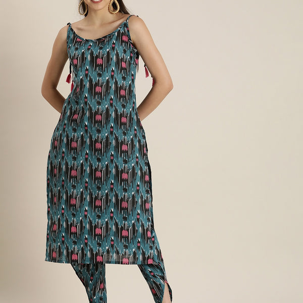 Sangria Women Blue & Pink Printed Pure Cotton Kurta with Dhoti Pants - Distacart