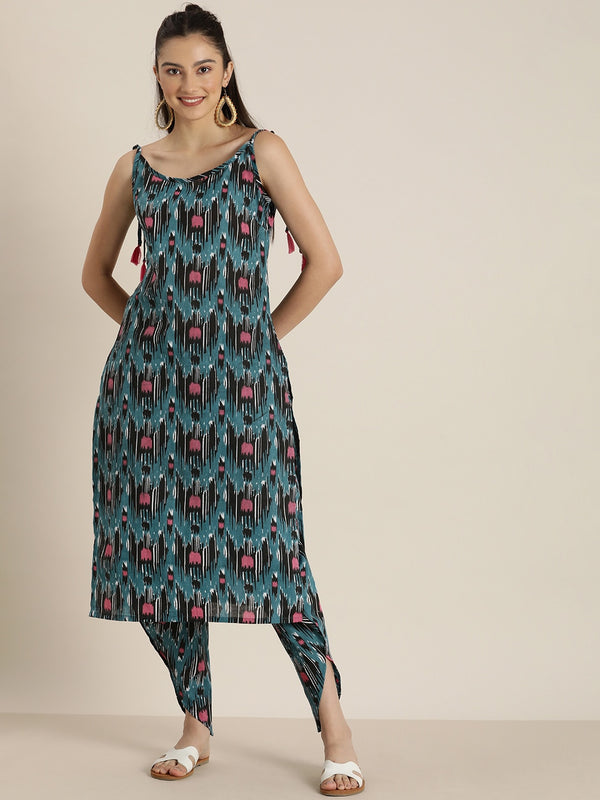 Sangria Women Blue & Pink Printed Pure Cotton Kurta with Dhoti Pants - Distacart