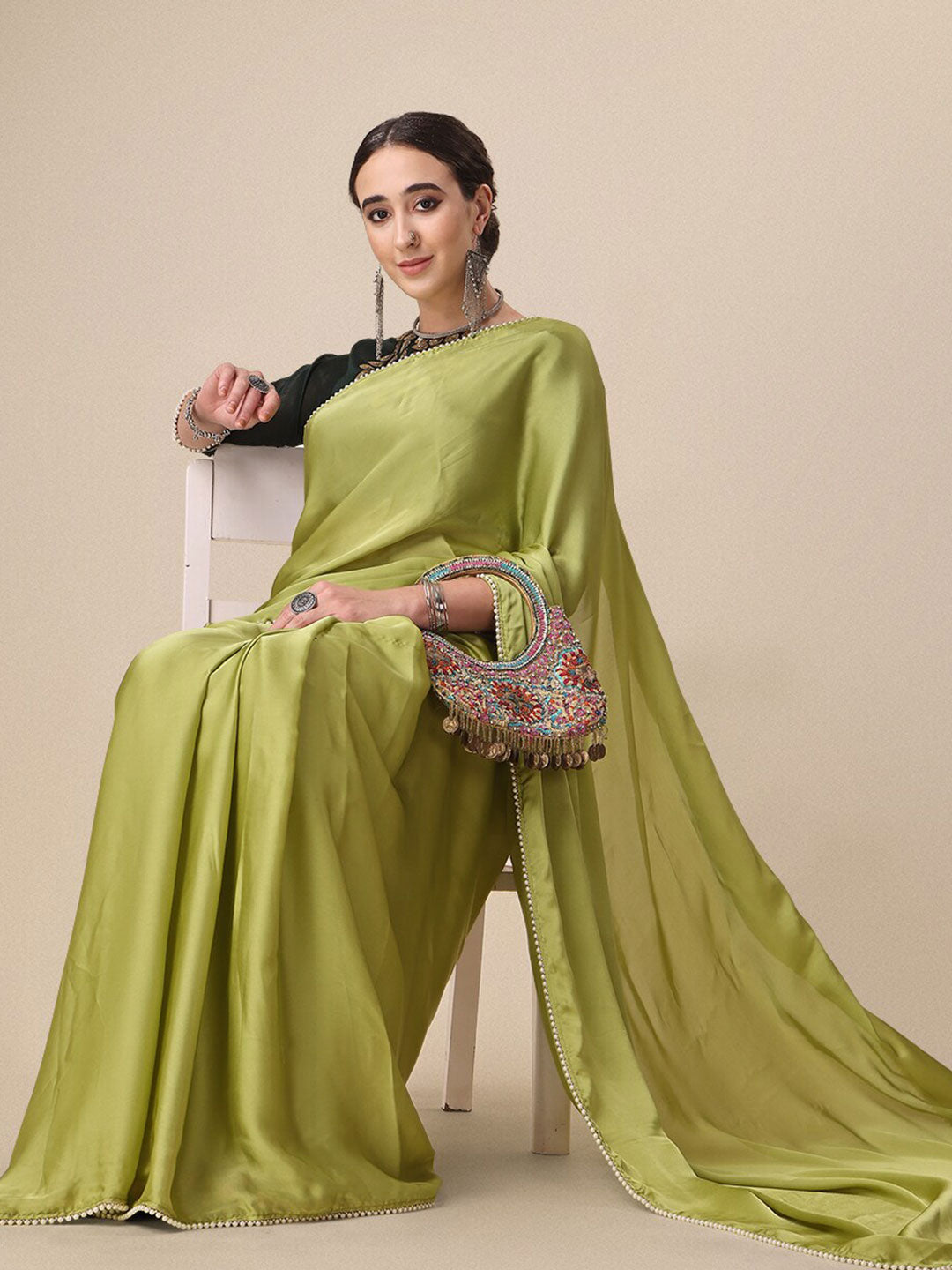 Sangria Olive Green Satin Saree With Beads Embelished Border - Distacart