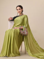 Thumbnail for Sangria Olive Green Satin Saree With Beads Embelished Border - Distacart