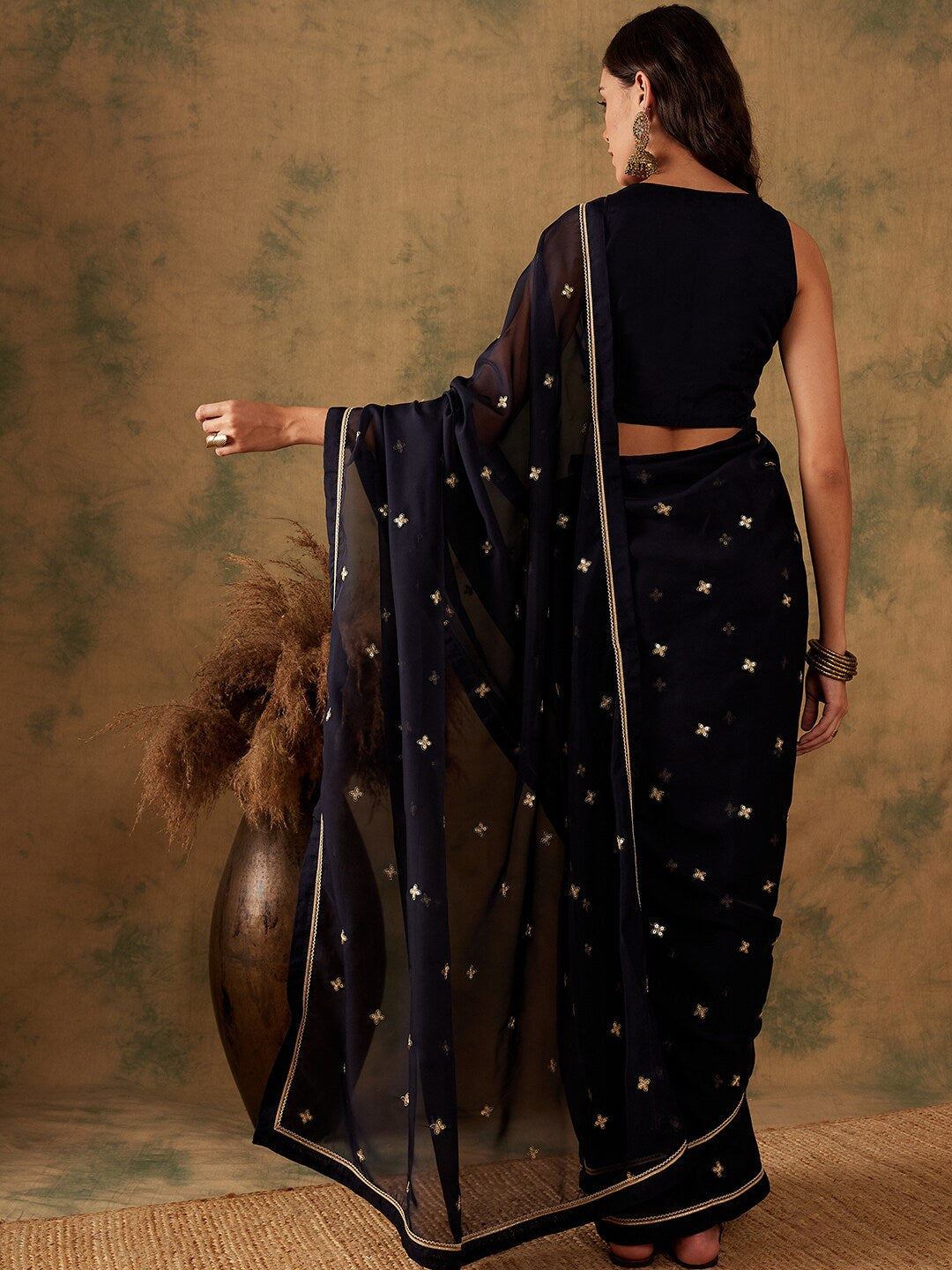 Sangria Floral Sequin Embroidered Organza Sarees - Distacart