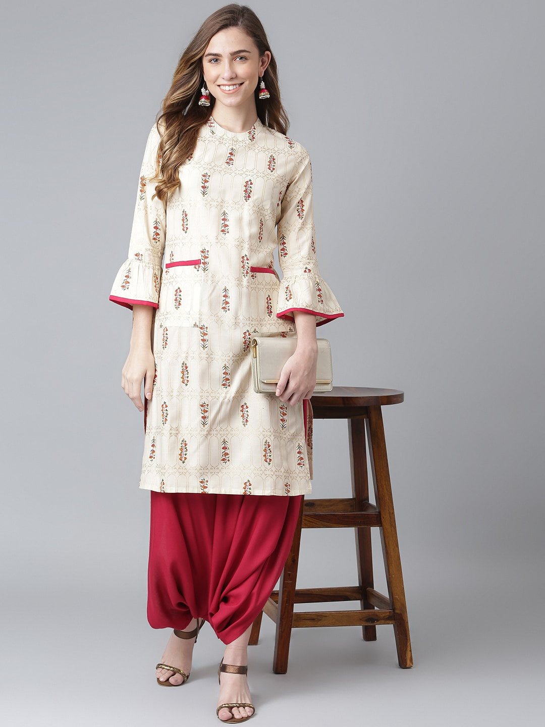 Khushal K Women Cream-Coloured & Brown Printed Kurta with Salwar - Distacart