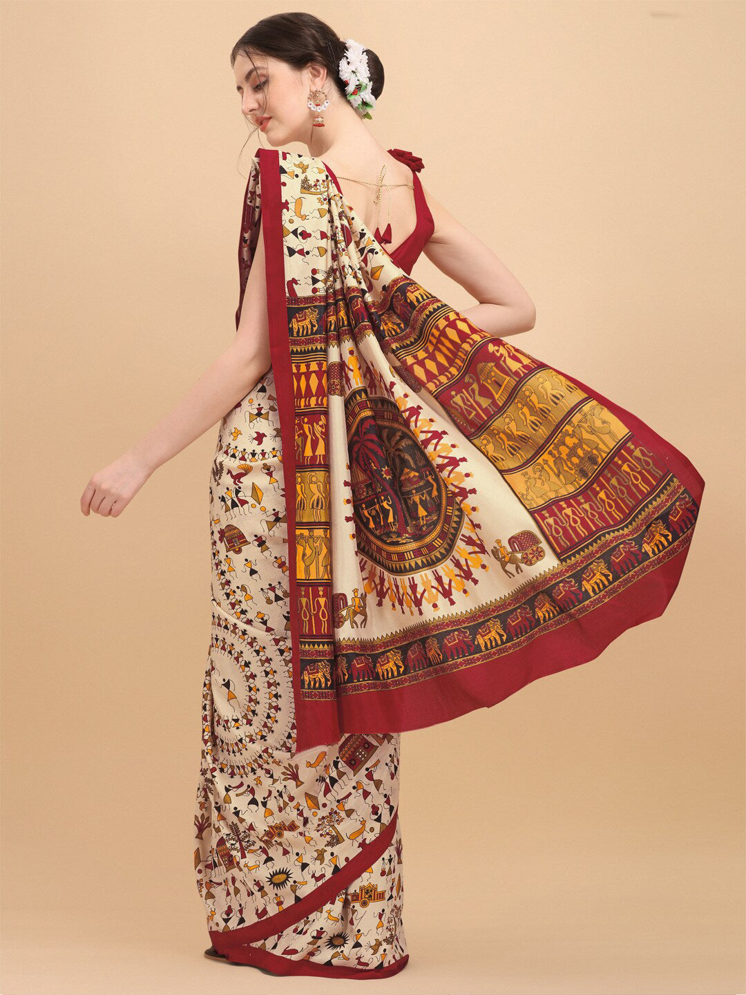 Kalini Beige & Red Warli Art Silk Saree - Distacart