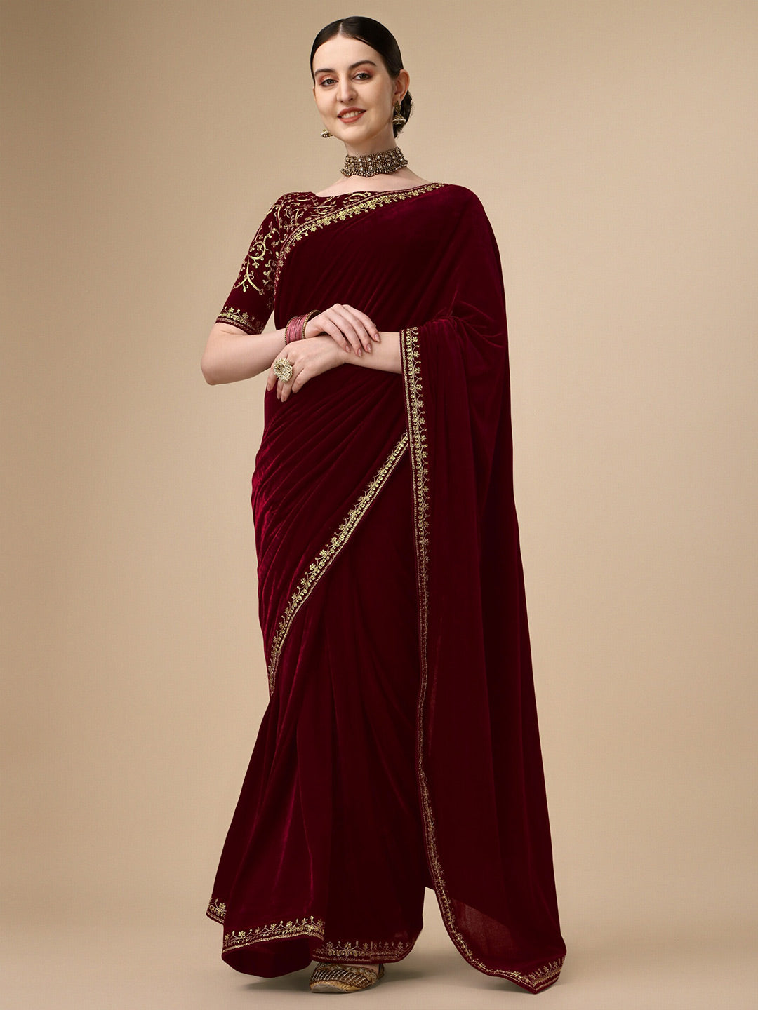 Kalini Embroidered Border Lace Work Velvet Saree - Distacart