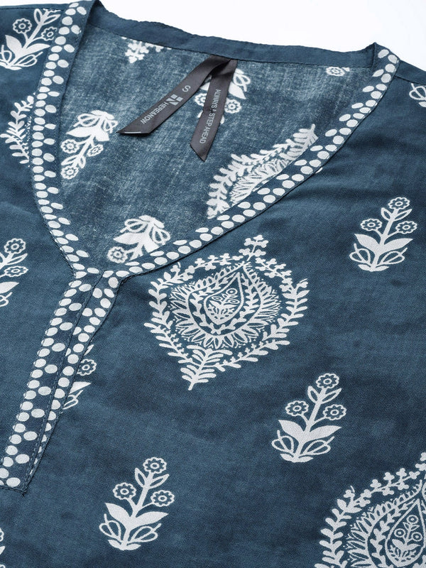 HERE&NOW Women Navy Blue Ethnic Motifs Printed Kurta with Palazzos & With Dupatta - Distacart