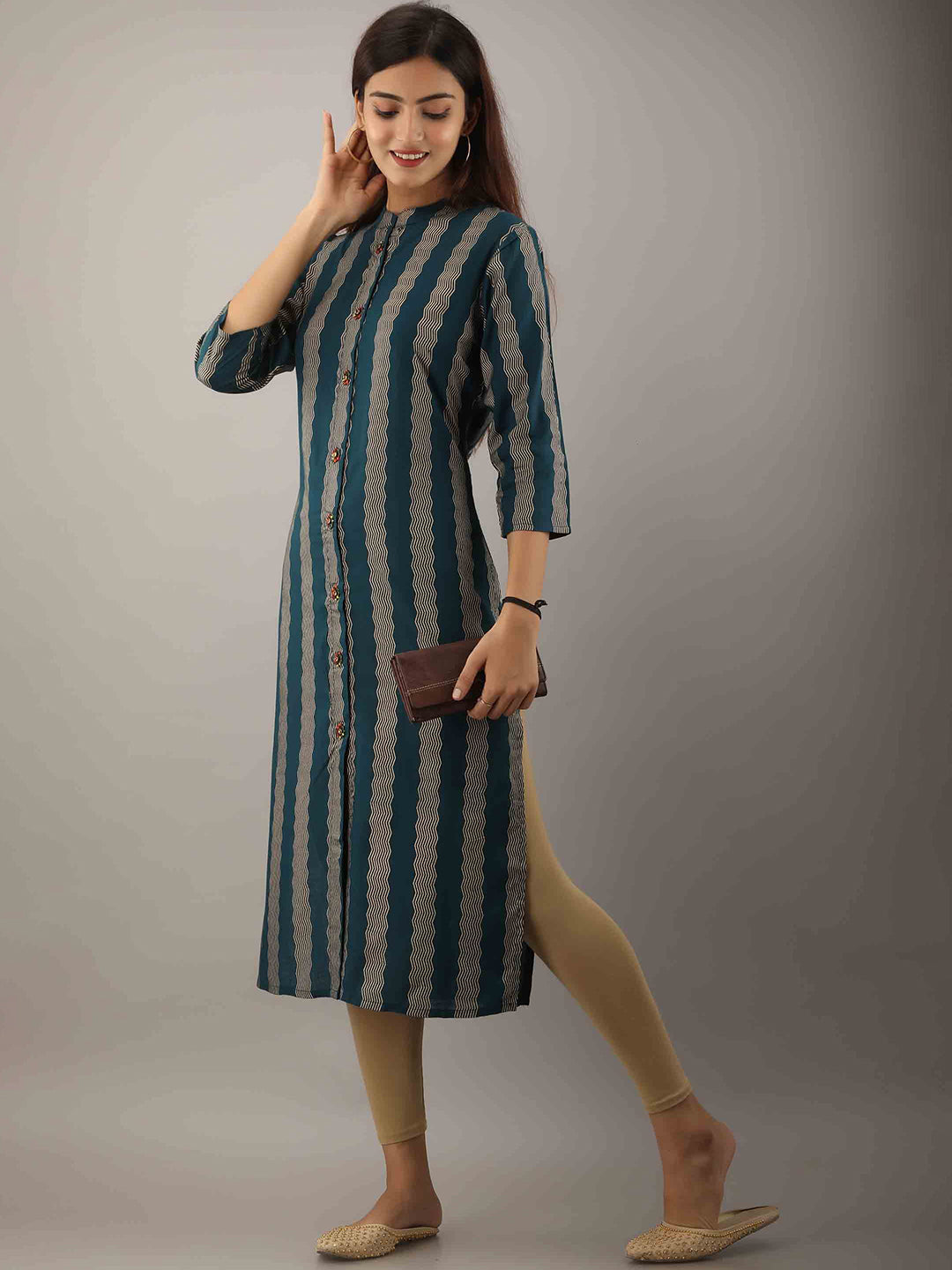 Kalini Women Teal Chevron Striped Kurta - Distacart